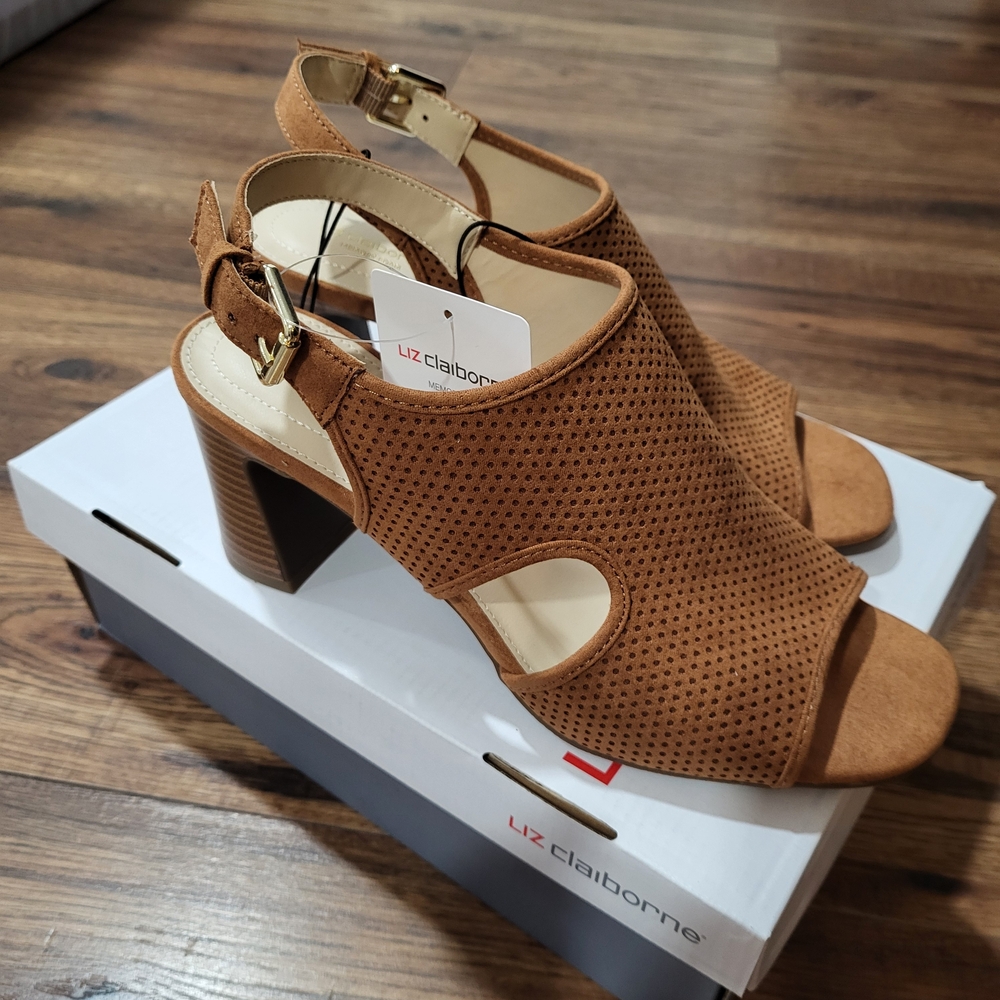 Liz Claiborne Tan Perforated Block Heel Sandals